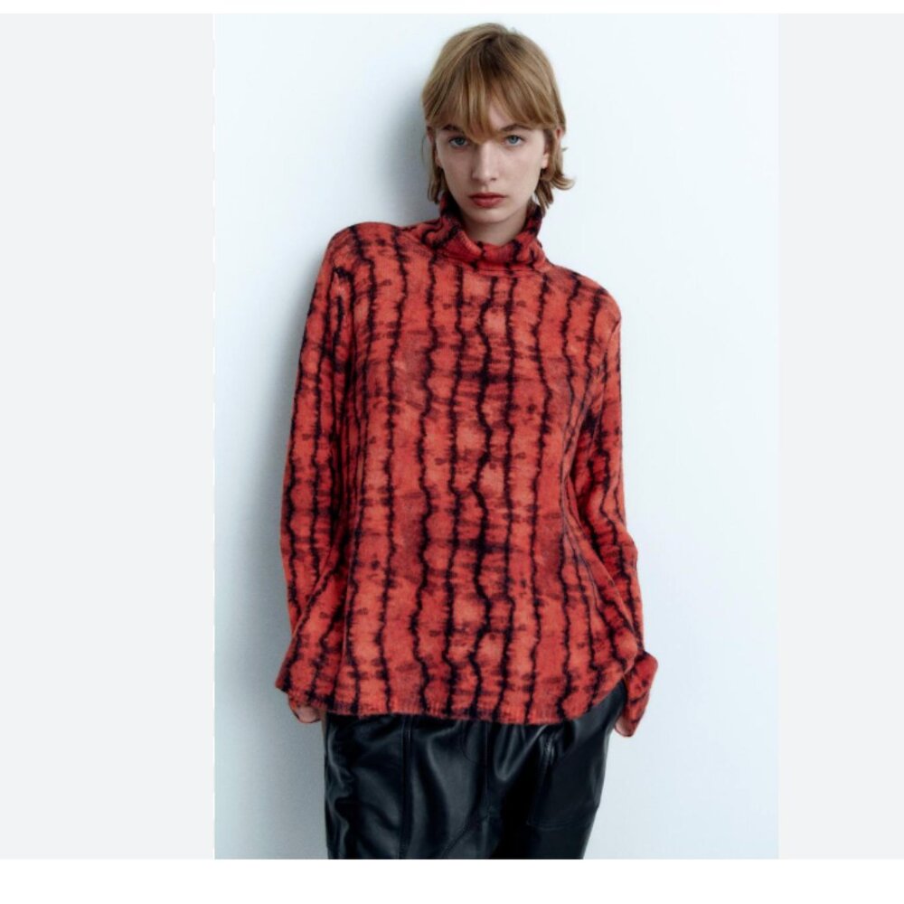 NWT ZARA KNIT TIE-DYE SWEATER - BLACK ORANGE Wool Blend TurtleNeck